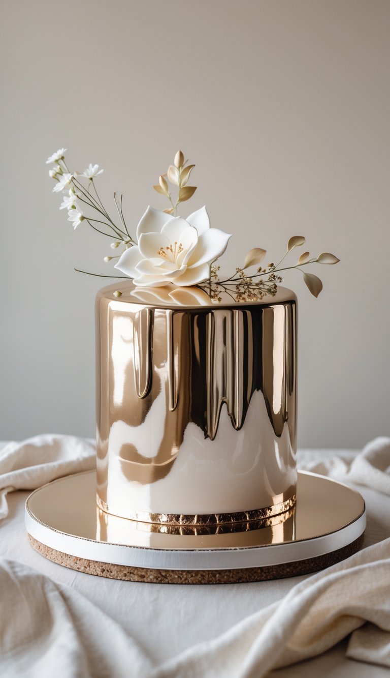 A modern mirror-glazed wedding cake with a smooth reflective surface and elegant decorations on a neutral background.